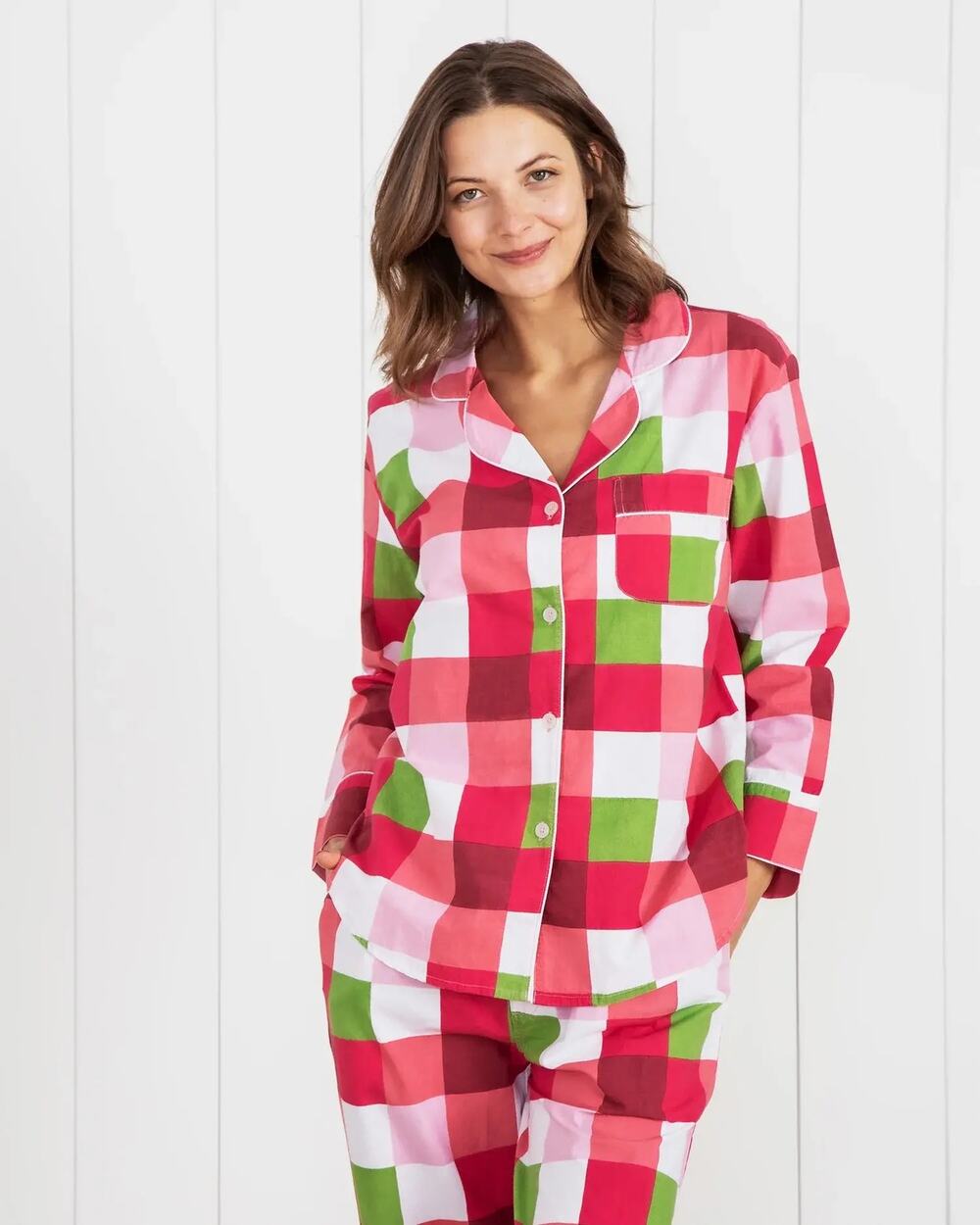 Printfresh Holiday Buffalo Plaid Pajama Top Sz M Red Pink
